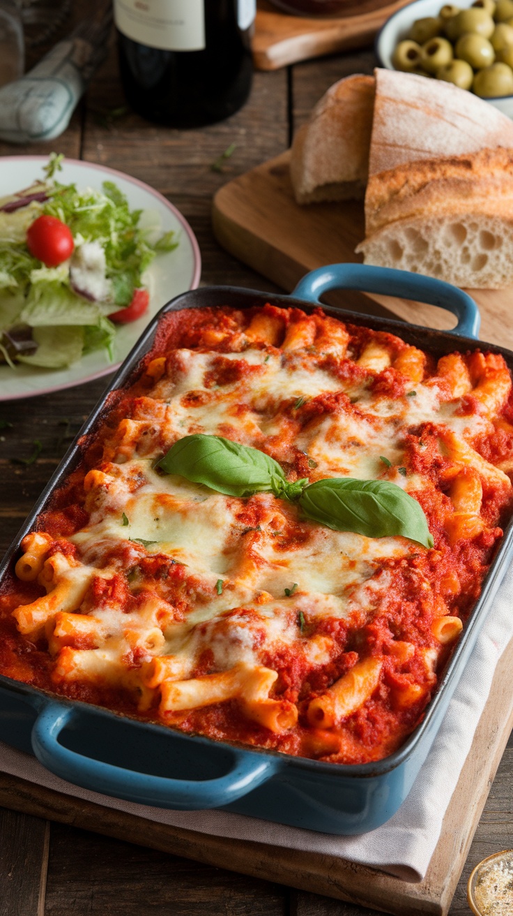 Cheesy baked ziti with marinara sauce and basil, served with salad and bread.